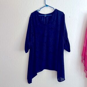 Torrid Tunic Blouse Size 2XL 3/4 sleeves Dark Blue Hi Low Hem Lightweight